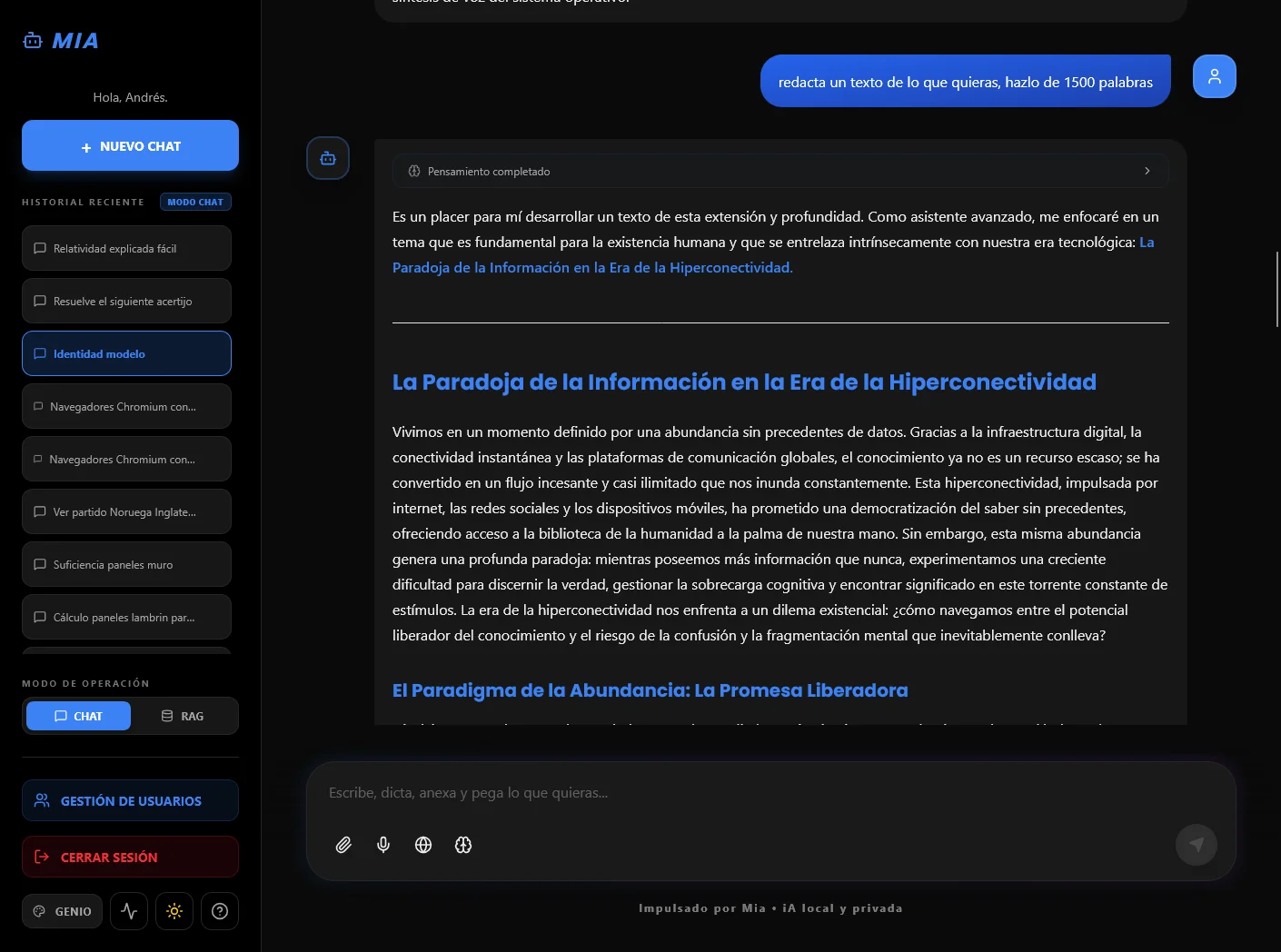 Modo Chat de MIA
